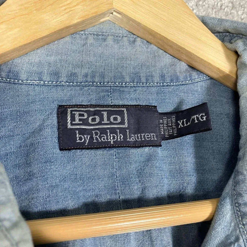 VTG Polo Ralph Lauren Chambray Shirt Mens XL Blue Long Sleeve Utility Workwear